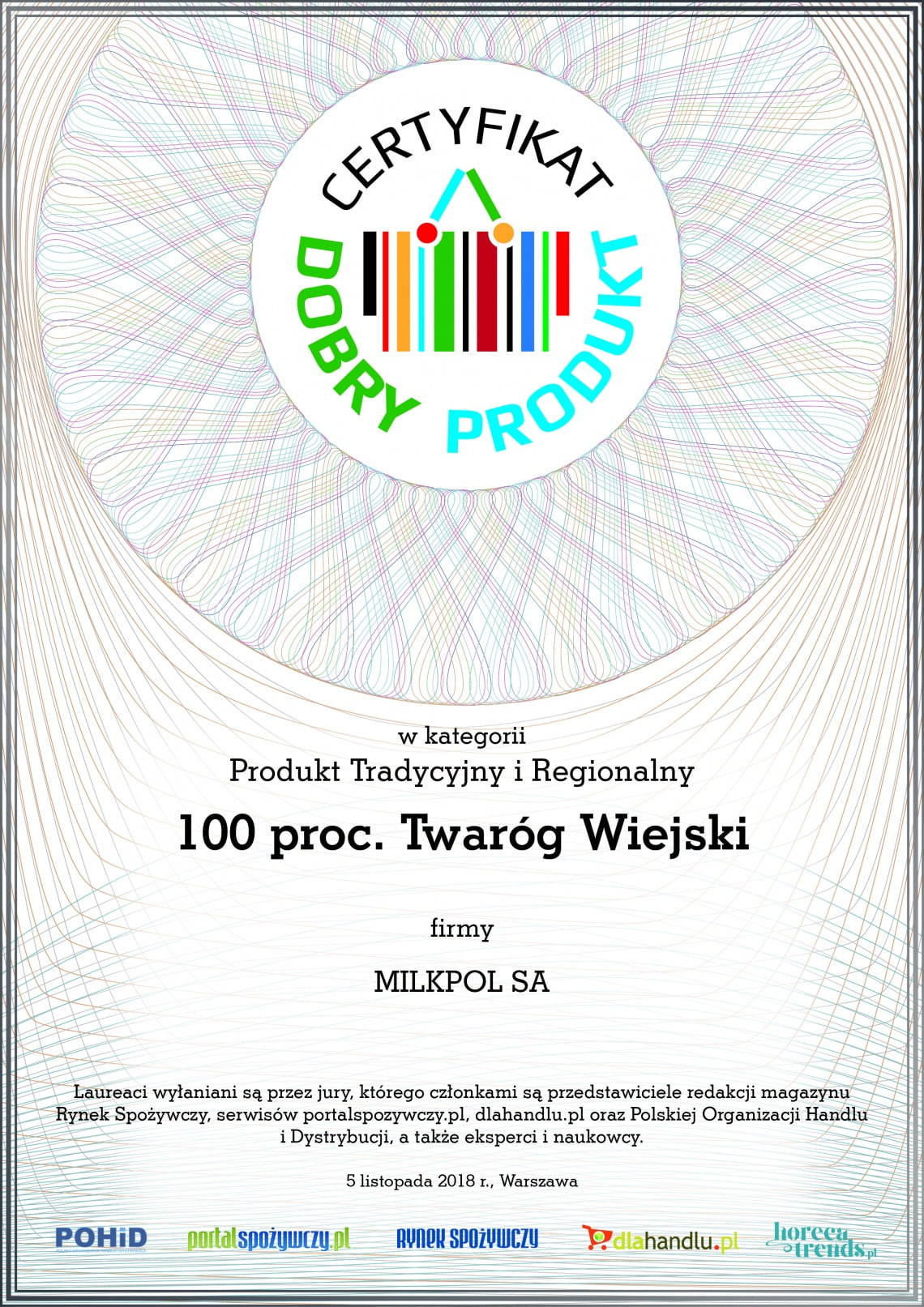 Certyfikat DOBRY PRODUKT 2018